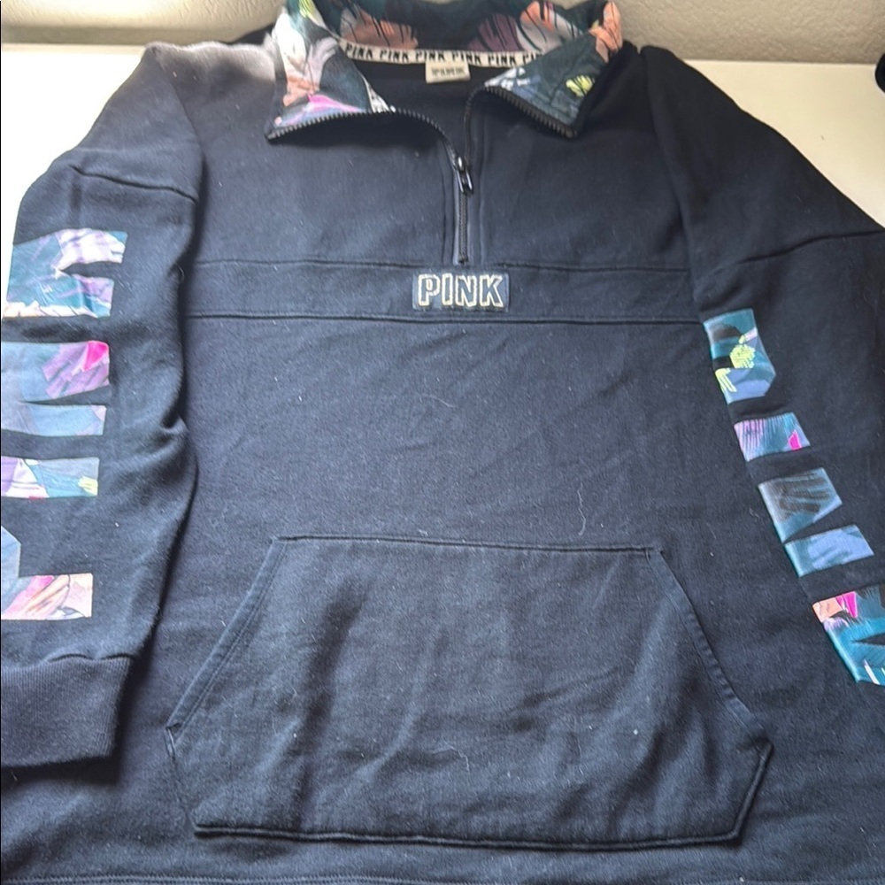 PINK Victoria's Secret Black Quarter-Zip with Vibrant Collar